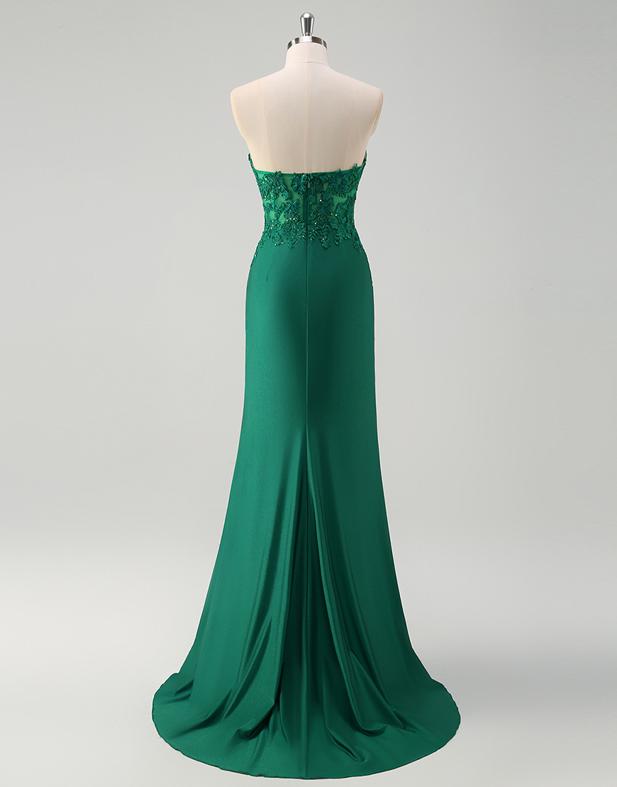 Sparkly Green Mermaid Strapless Corset Appliques Long Prom Dress with Slit
