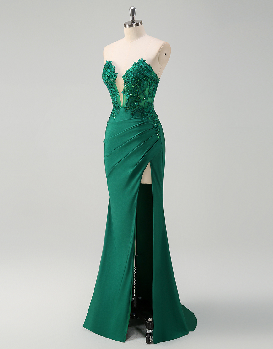Sparkly Green Mermaid Strapless Corset Appliques Long Prom Dress with Slit