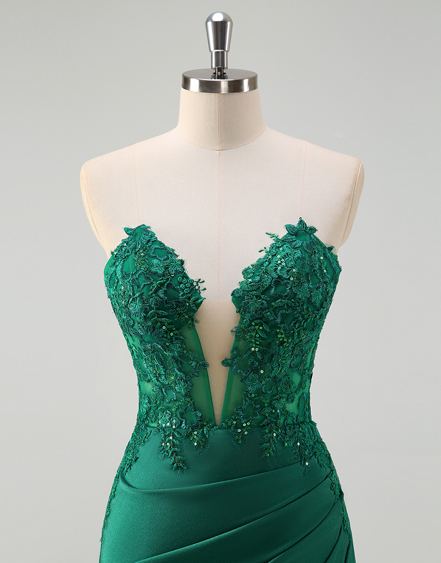 Sparkly Green Mermaid Strapless Corset Appliques Long Prom Dress with Slit