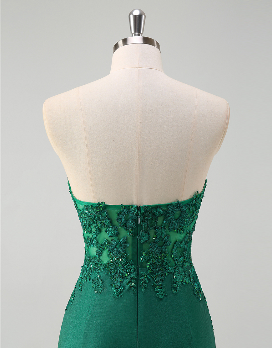 Sparkly Green Mermaid Strapless Corset Appliques Long Prom Dress with Slit