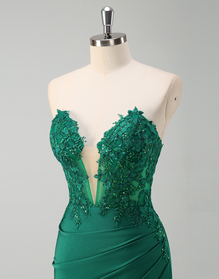 Sparkly Green Mermaid Strapless Corset Appliques Long Prom Dress with Slit