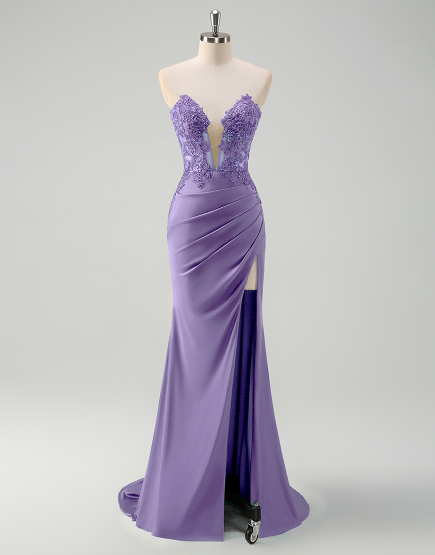 Sparkly Green Mermaid Strapless Corset Appliques Long Prom Dress with Slit