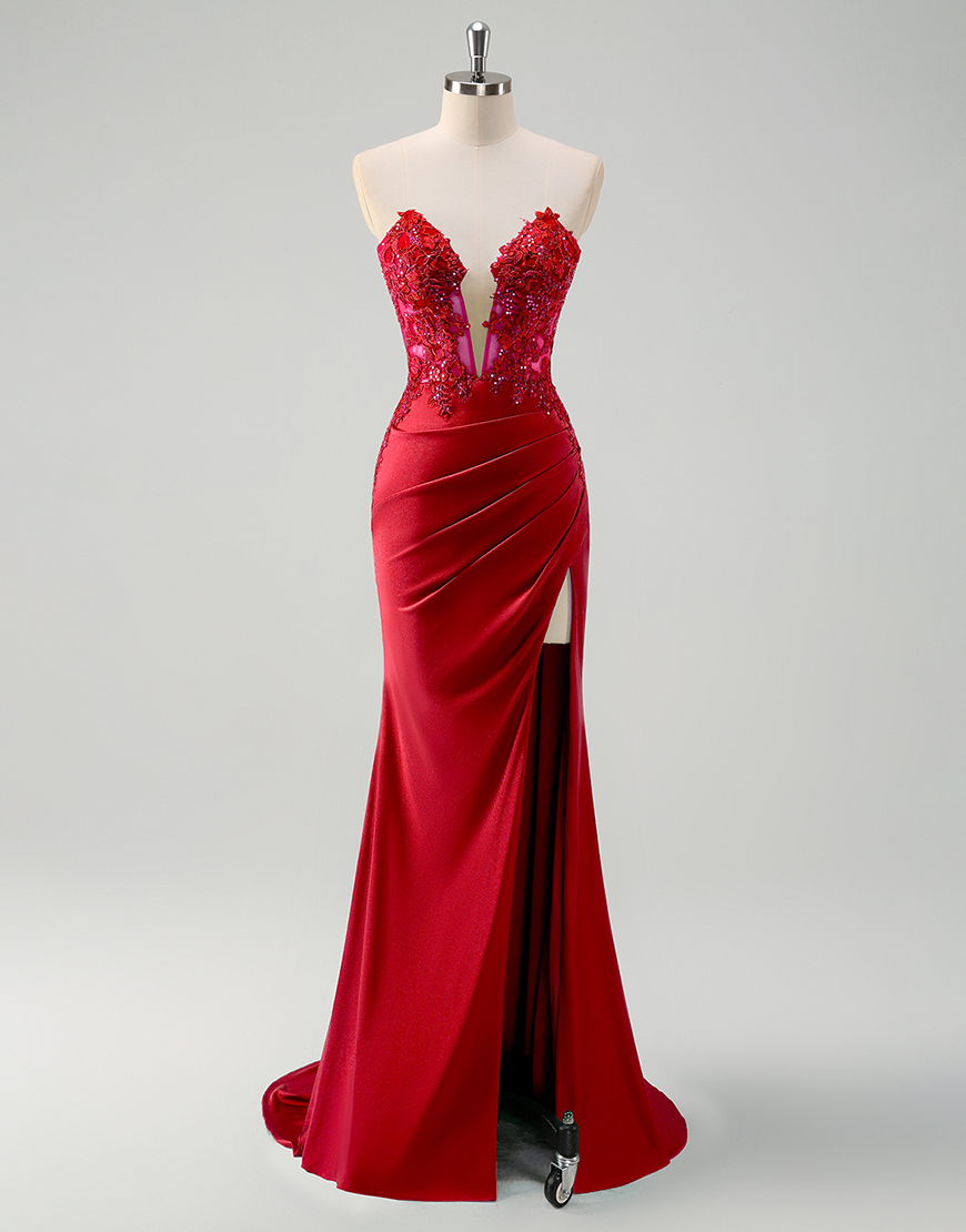 Sparkly Green Mermaid Strapless Corset Appliques Long Prom Dress with Slit