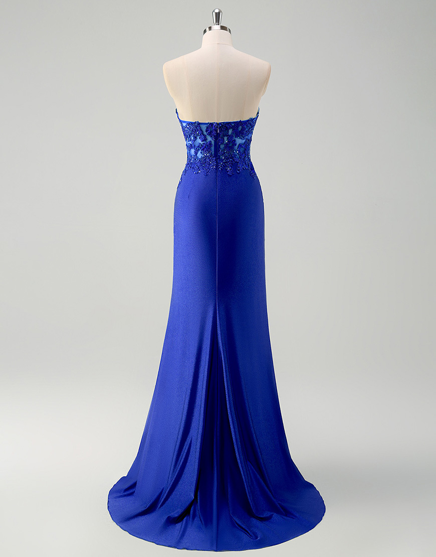 Sparkly Green Mermaid Strapless Corset Appliques Long Prom Dress with Slit