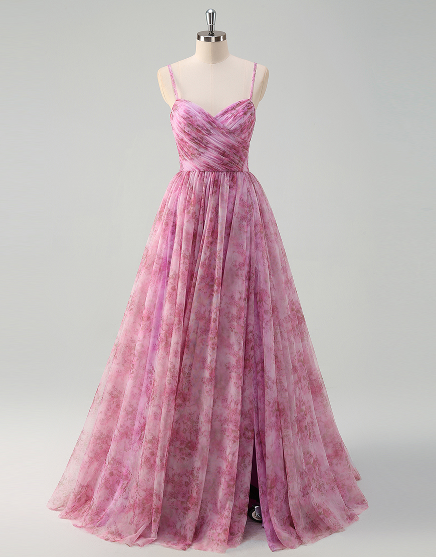 Pinkish Purple A-Line Floral Spaghetti Straps Long Prom Dress with Slit