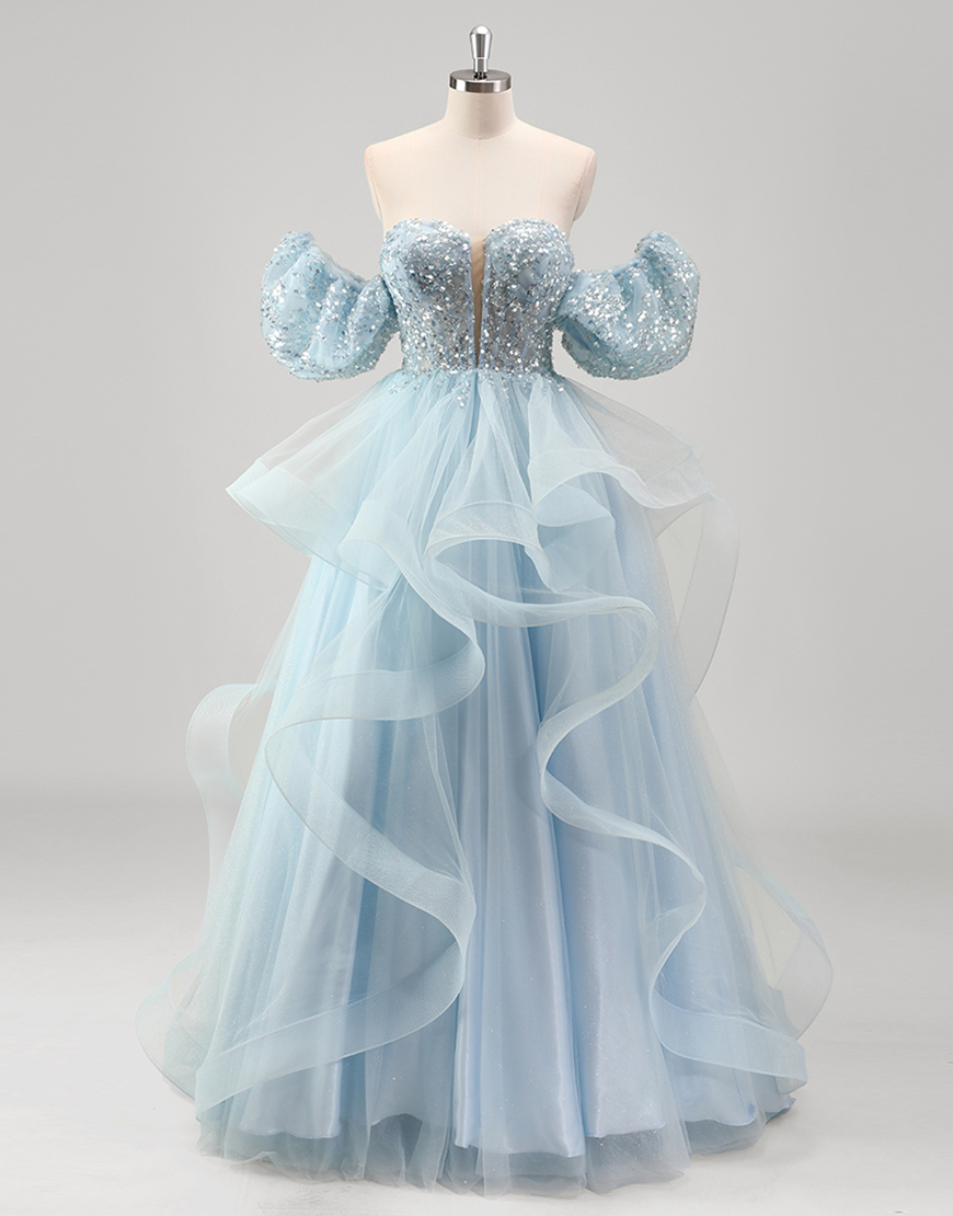 Sparkly Blue A-Line Sequined Strapless Corset Ruffled  Tulle Long Prom Dress with Detachable Sleeves