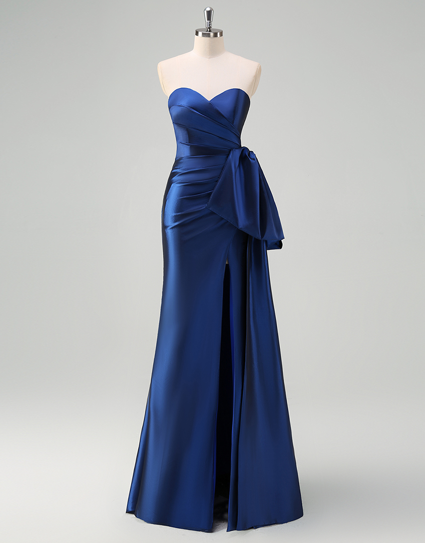 Dark Blue Mermaid Strapless Ruched Bow Satin Long Prom Dress with Slit