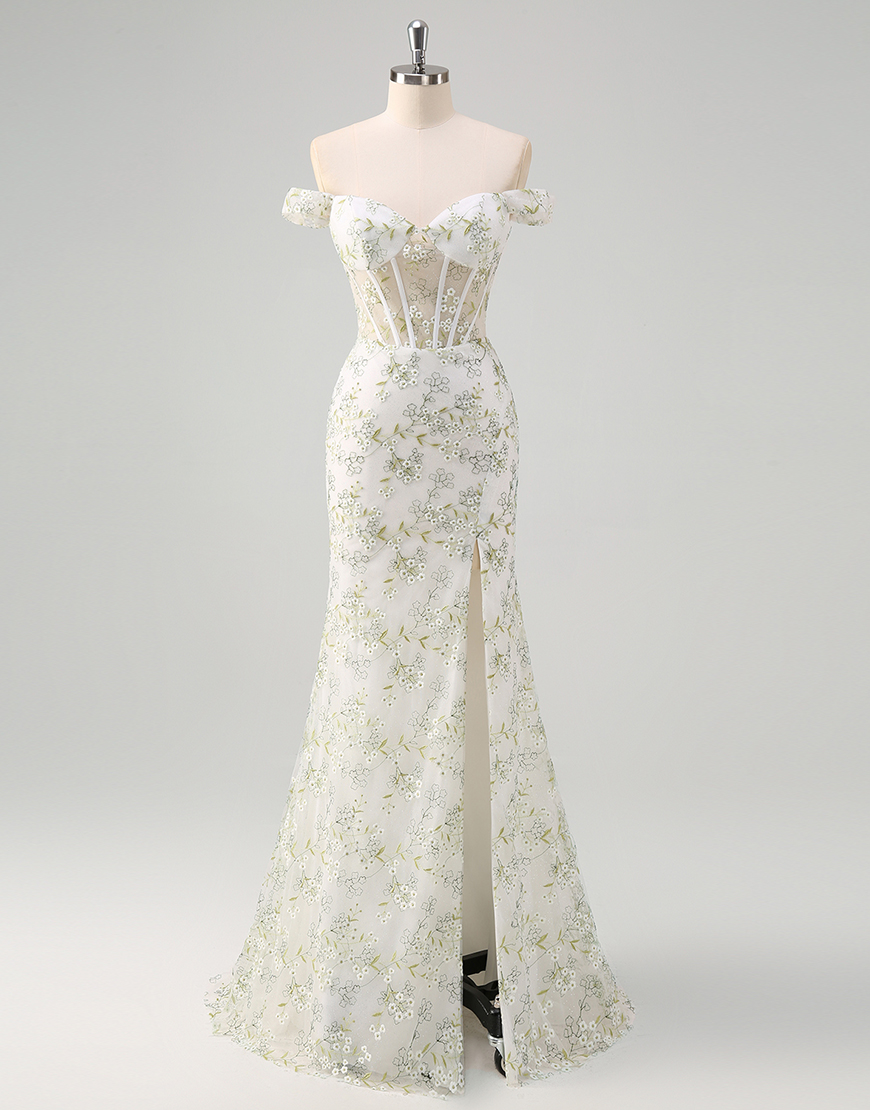 Light Green Mermaid Off the Shoulder Floral Embroidery Corset Long Prom Dress with Slit