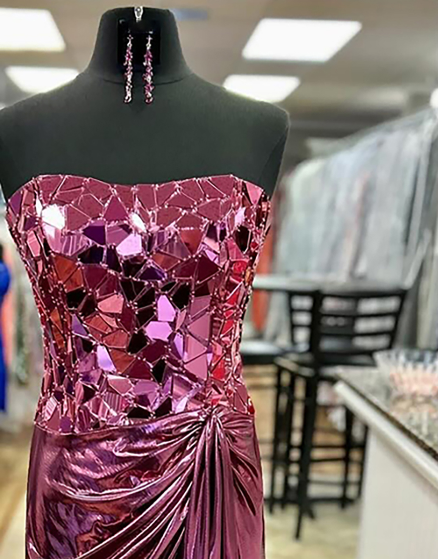 Sparkly Gold Mermaid Strapless Mirrors Long Prom Dress with Slit