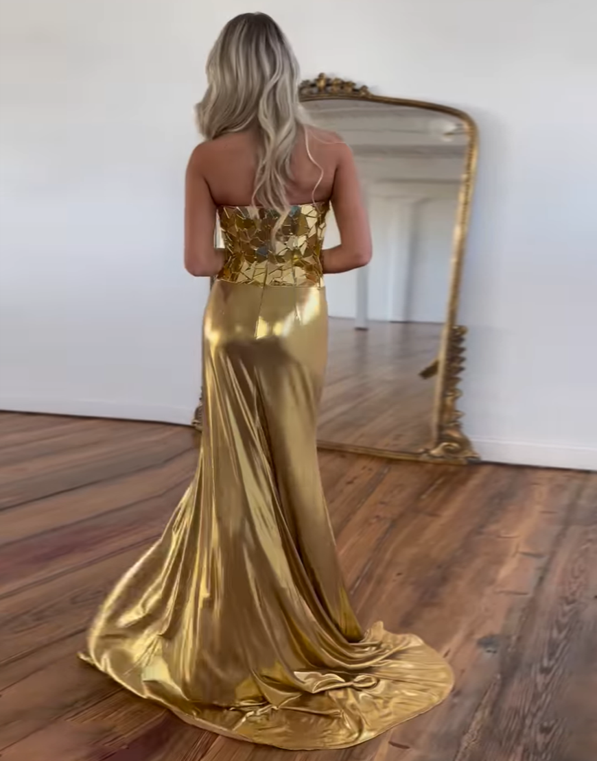 Sparkly Gold Mermaid Strapless Mirrors Long Prom Dress with Slit