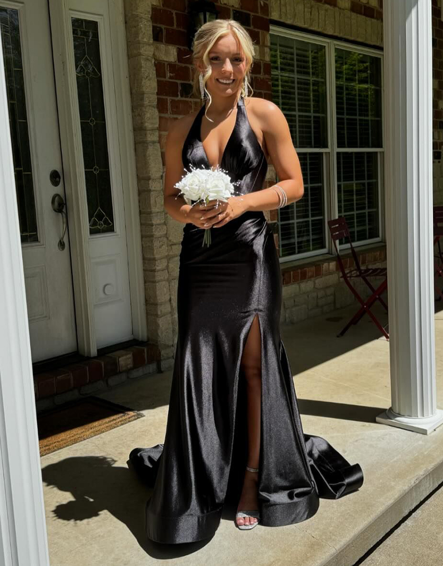 Navy Mermaid Halter Corset Satin Long Prom Dress with Slit