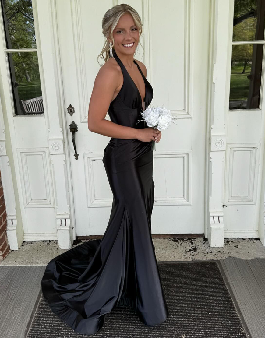 Navy Mermaid Halter Corset Satin Long Prom Dress with Slit