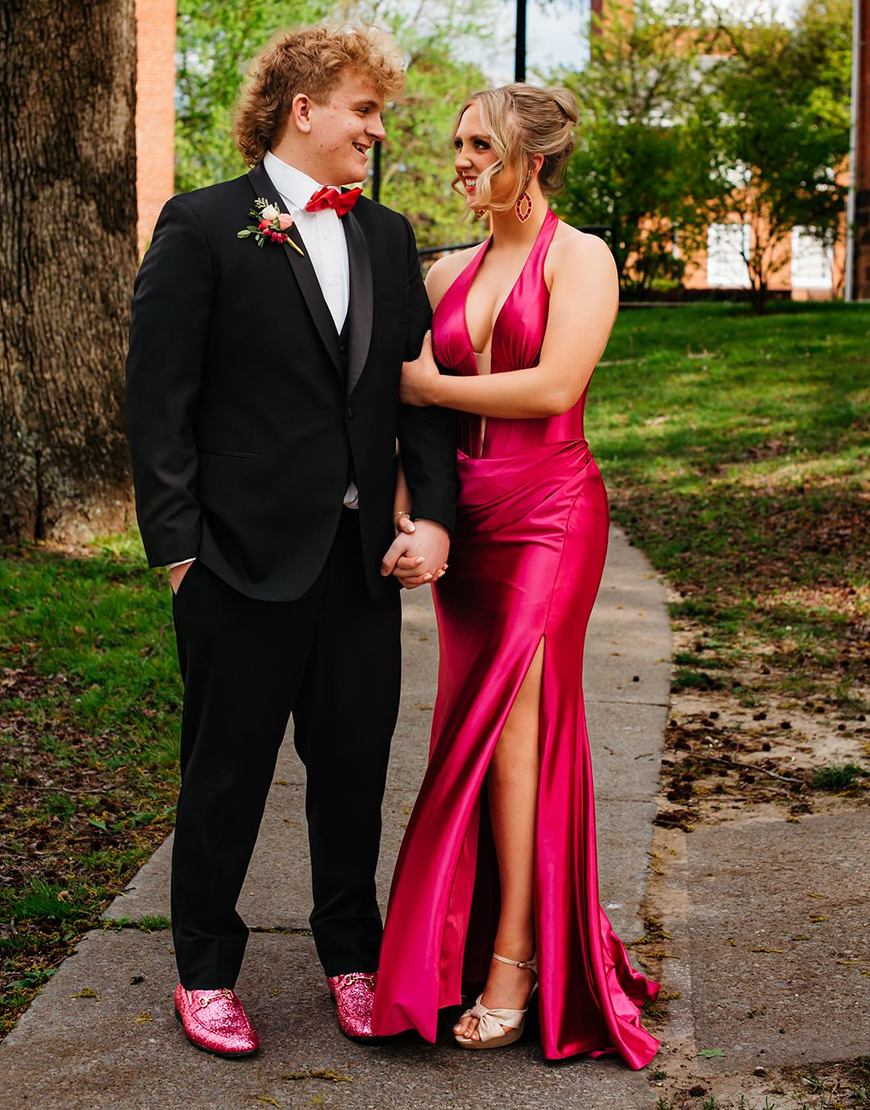 Navy Mermaid Halter Corset Satin Long Prom Dress with Slit