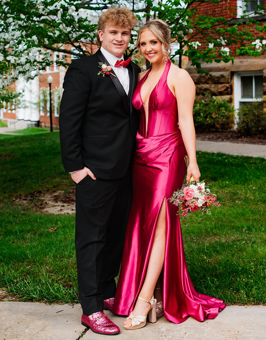 Navy Mermaid Halter Corset Satin Long Prom Dress with Slit