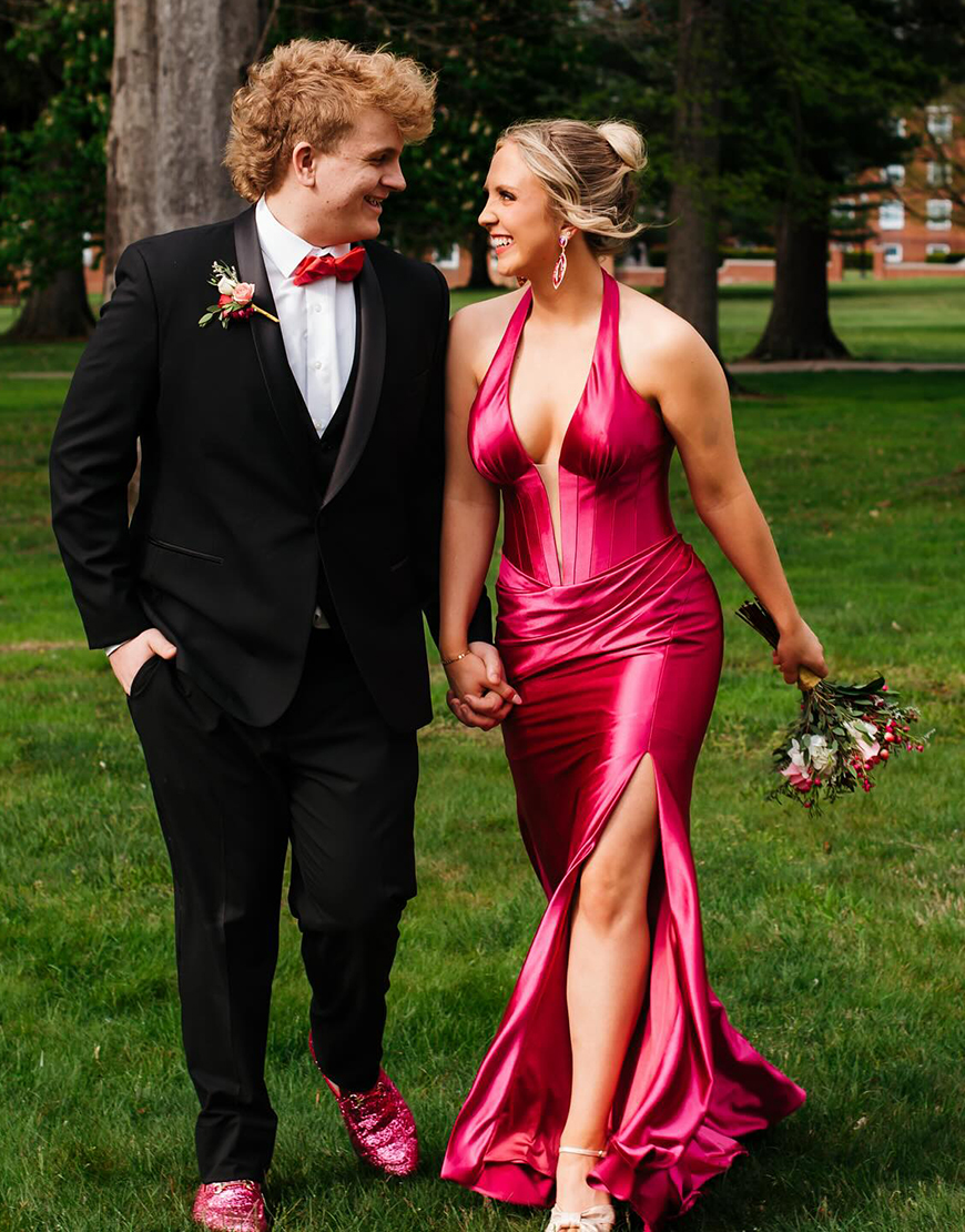 Navy Mermaid Halter Corset Satin Long Prom Dress with Slit