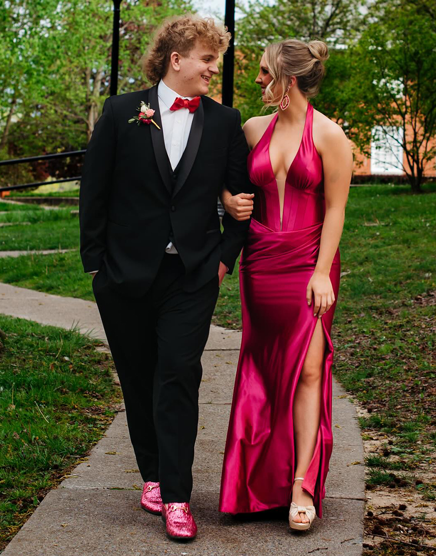 Navy Mermaid Halter Corset Satin Long Prom Dress with Slit