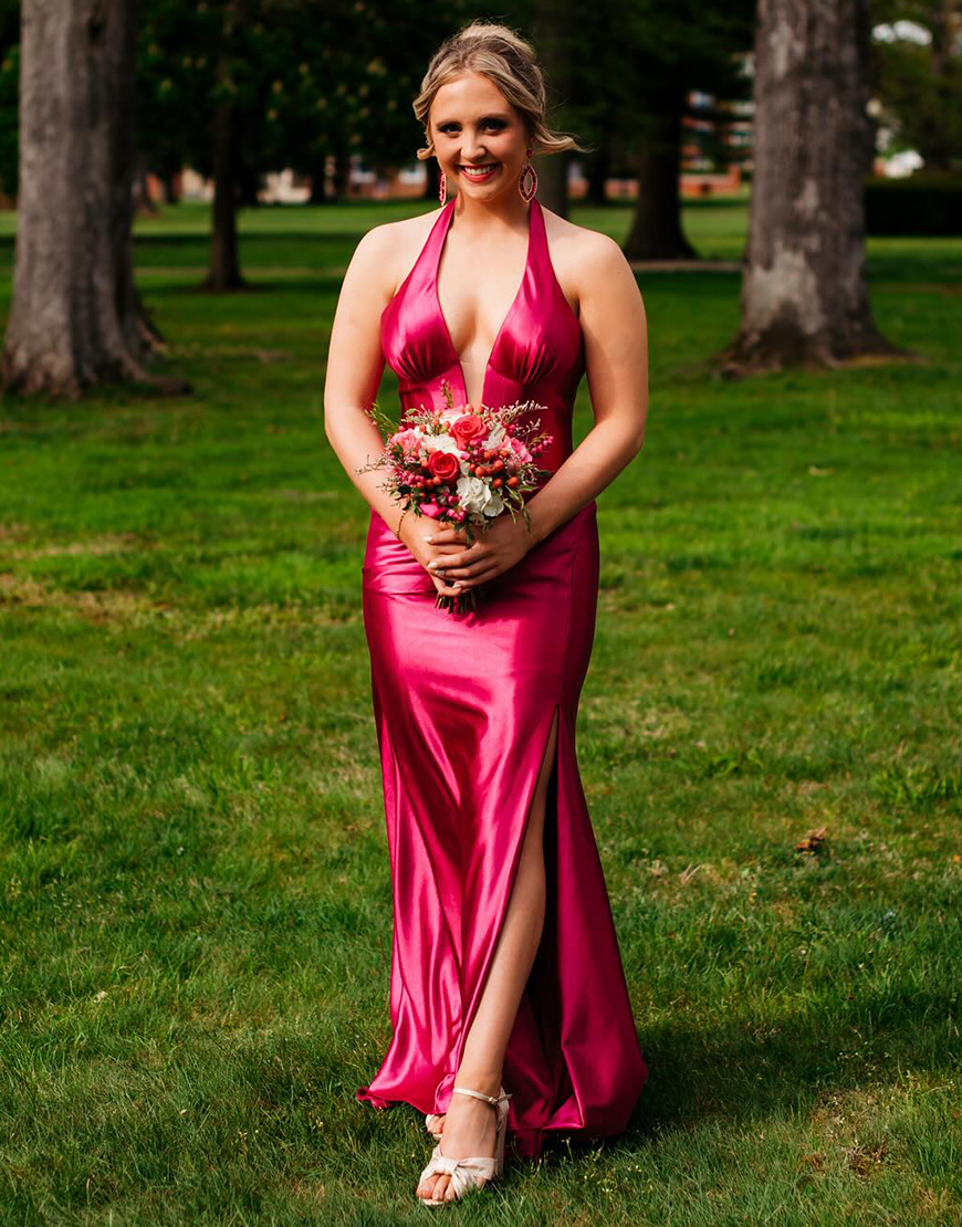 Navy Mermaid Halter Corset Satin Long Prom Dress with Slit