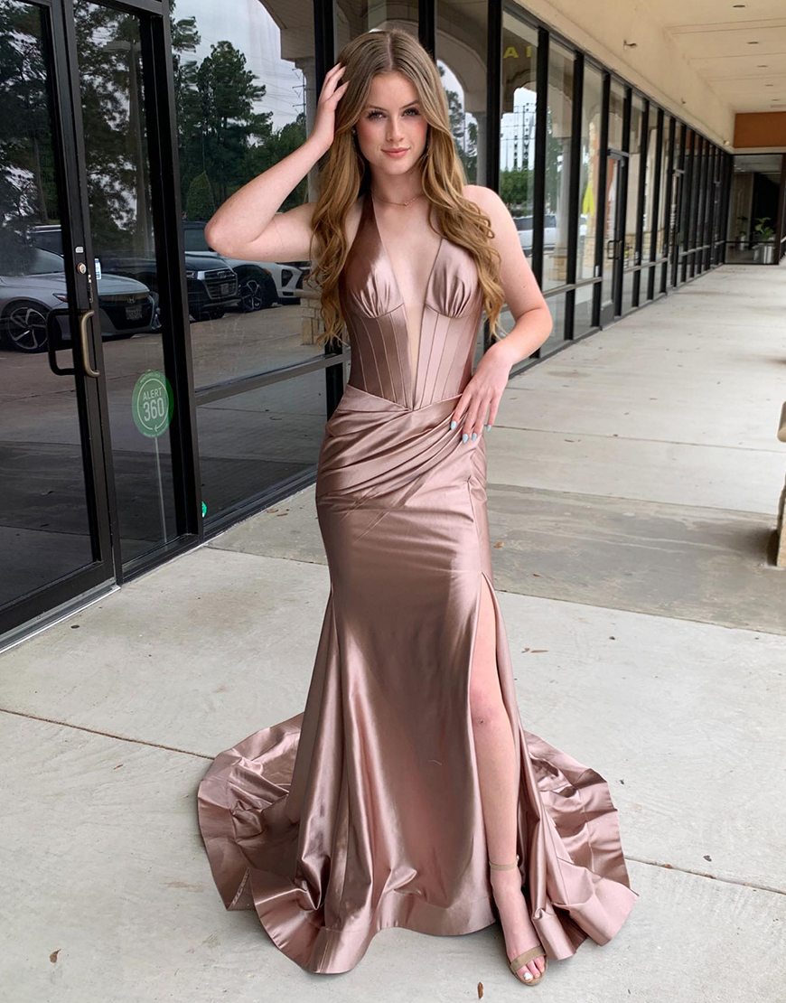 Navy Mermaid Halter Corset Satin Long Prom Dress with Slit