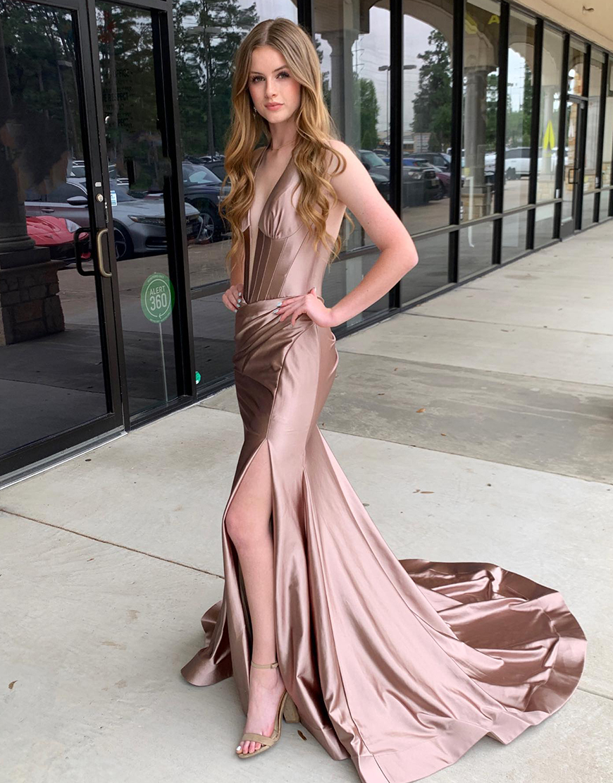 Navy Mermaid Halter Corset Satin Long Prom Dress with Slit