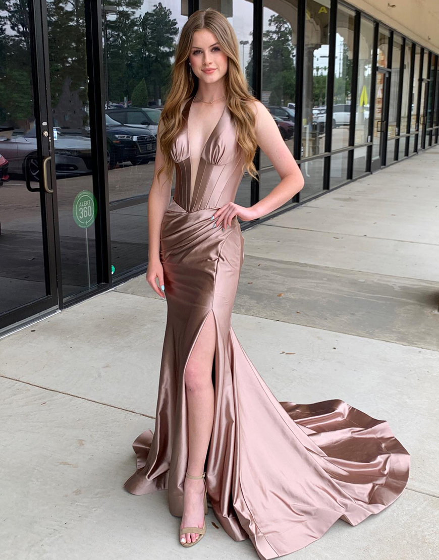 Navy Mermaid Halter Corset Satin Long Prom Dress with Slit