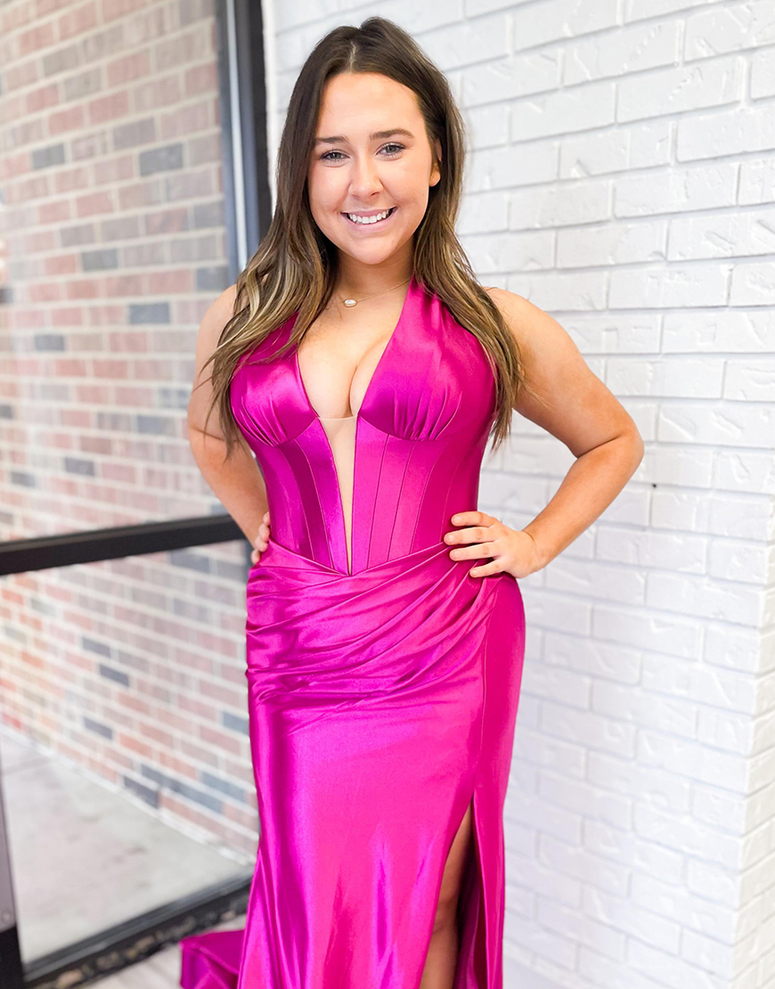 Navy Mermaid Halter Corset Satin Long Prom Dress with Slit