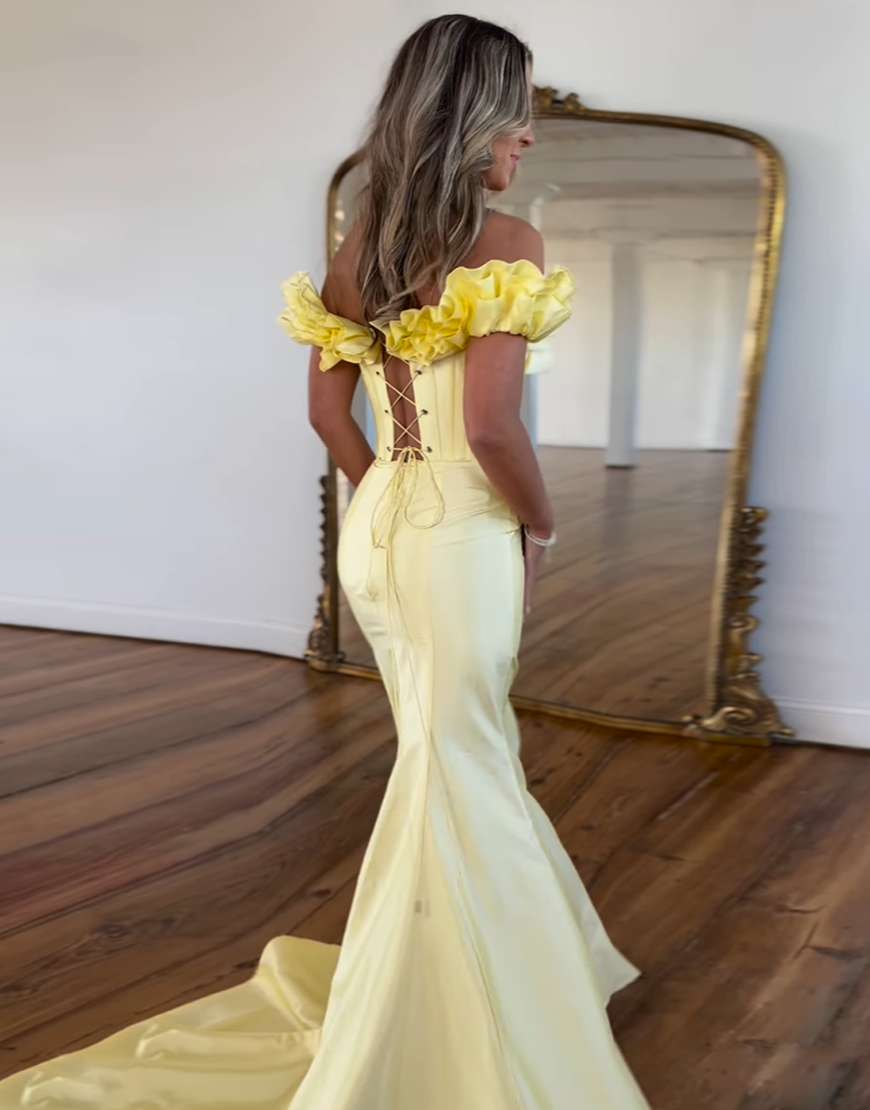 Yellow Mermaid Ruffled Off the Shoulder Corset Long Prom Dress with Slit
