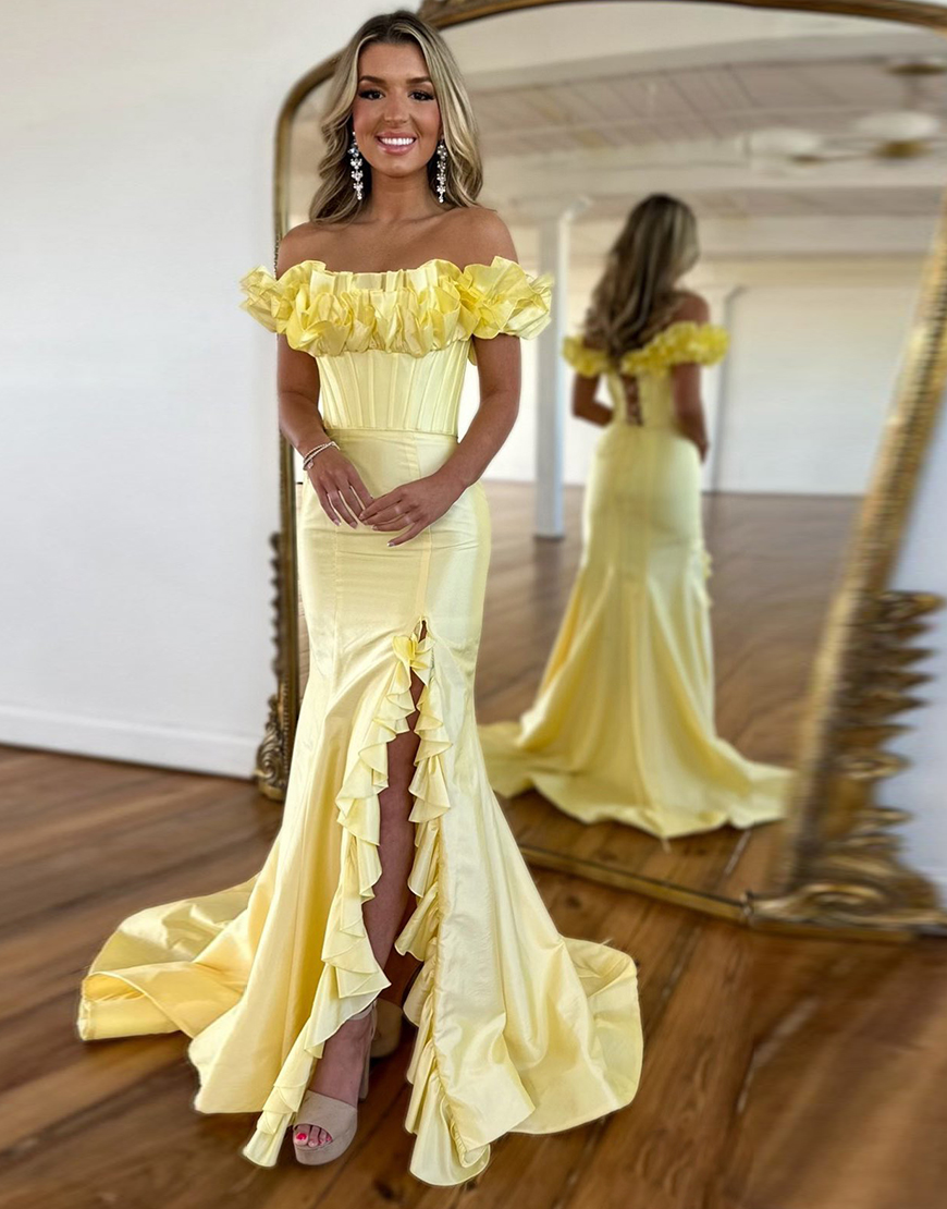 Yellow Mermaid Ruffled Off the Shoulder Corset Long Prom Dress with Slit