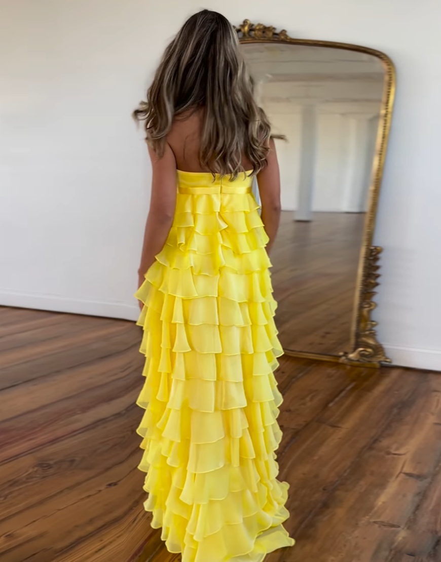Yellow A-Line Strapless Tiered Chiffon Empire Long Prom Dress
