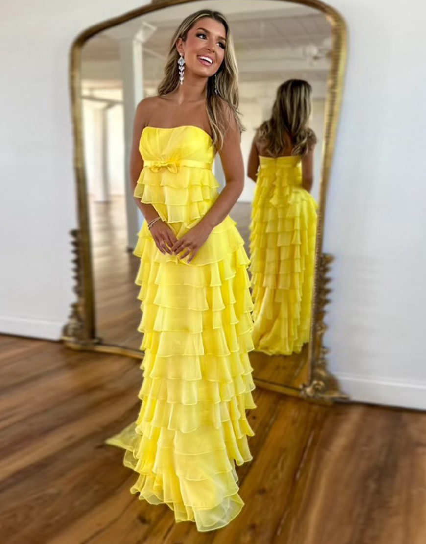Yellow A-Line Strapless Tiered Chiffon Empire Long Prom Dress