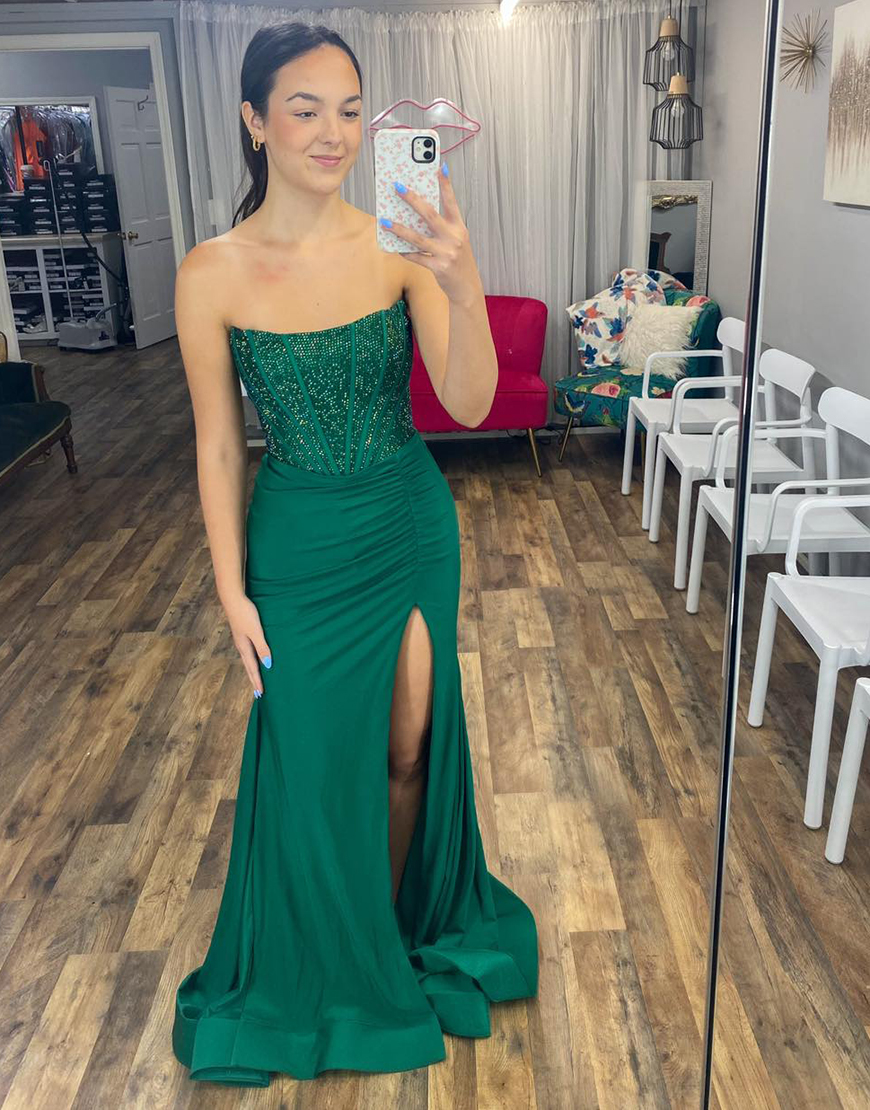 Sparkly Royal Blue Mermaid Strapless Beaded Ruched Satin Long Prom Dress with Slit