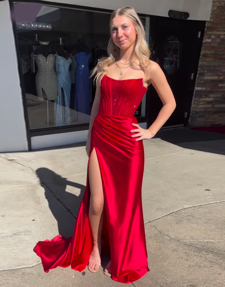 Sparkly Royal Blue Mermaid Strapless Beaded Ruched Satin Long Prom Dress with Slit