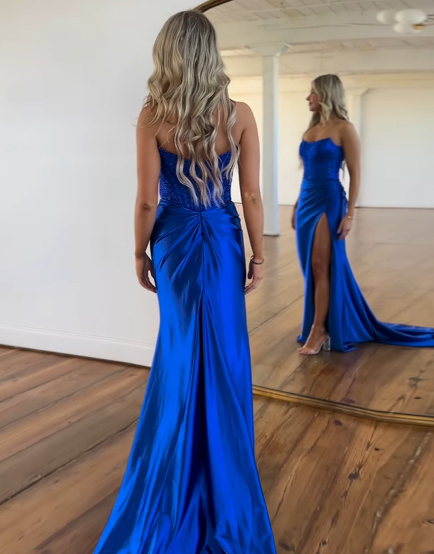 Sparkly Royal Blue Mermaid Strapless Beaded Ruched Satin Long Prom Dress with Slit
