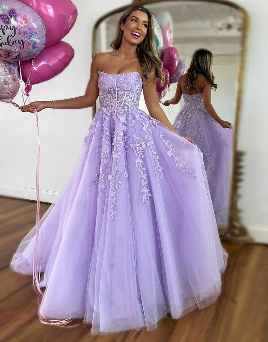 Sparkly Lilac A-Line Strapless Corset Beaded Appliques Long Prom Dress