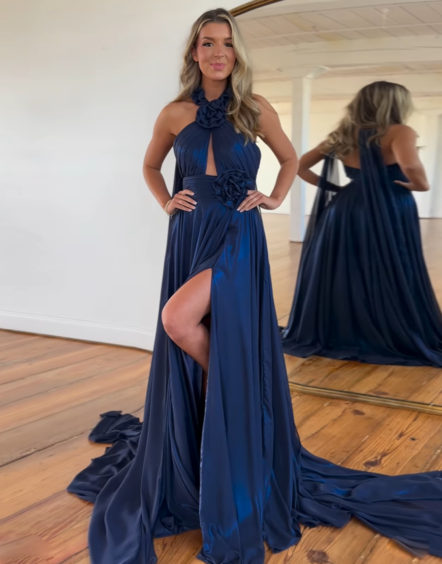 Metallic Navy Halter A-Line Flowers Long Prom Dress with Slit