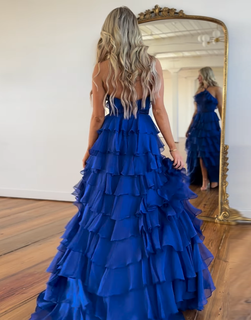 Royal Blue A-Line Halter Corset Tiered Long Prom Dress with Slit