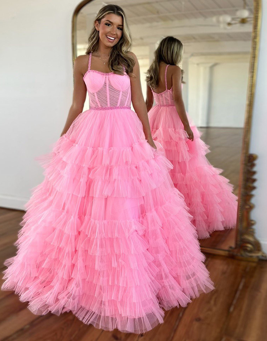 Sparkly Pink A-Line Spaghetti Straps Corset Tiered Tulle Long Prom Dress 