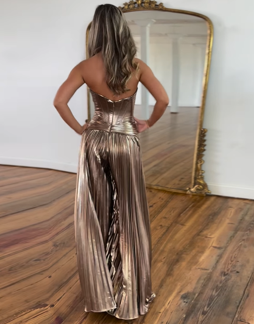 Metallic Rose Gold A-Line Strapless Corset Ruched Long Prom Dress with Slit