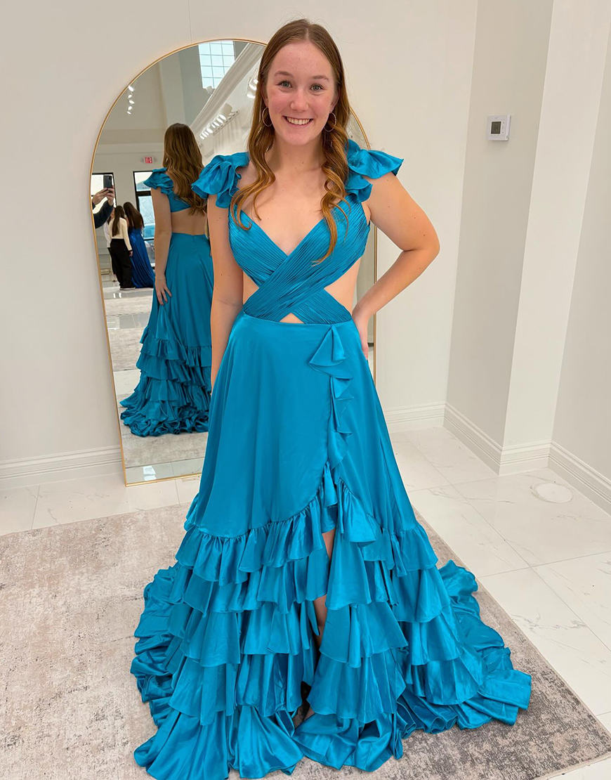 Stylish Red A-Line V-Neck Cutout Waist Long Ruffled Prom Dress With Split