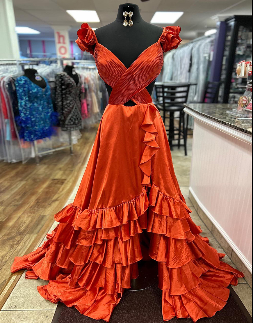 Stylish Red A-Line V-Neck Cutout Waist Long Tiered Prom Dress With Split