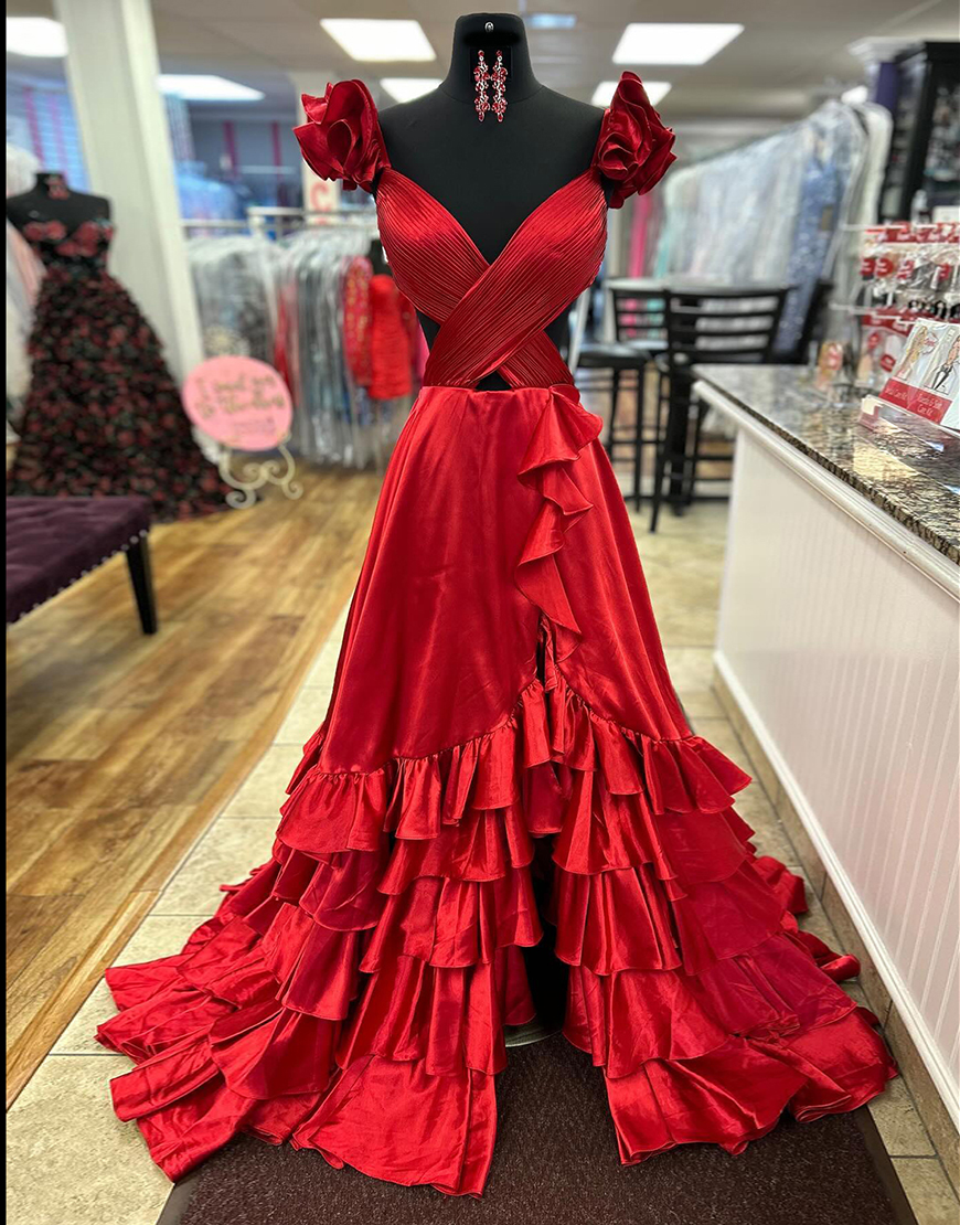 Stylish Red A-Line V-Neck Cutout Waist Long Ruffled Prom Dress With Split