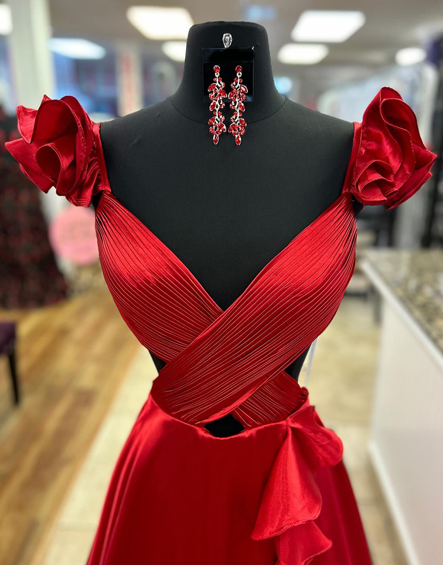 Stylish Red A-Line V-Neck Cutout Waist Long Ruffled Prom Dress With Split