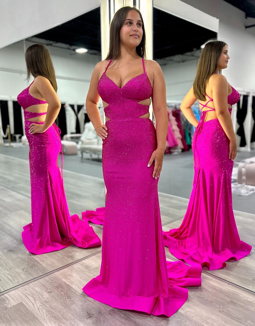 Sparkly Fuchsia Mermaid Beaded Spaghetti Straps Long Prom Dress