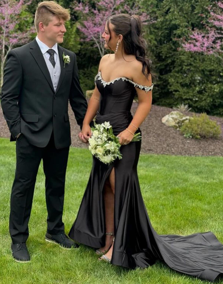 Sparkly Silver Mermaid Rhinestones Off the Shoulder Corset Long Prom Dress with Slit