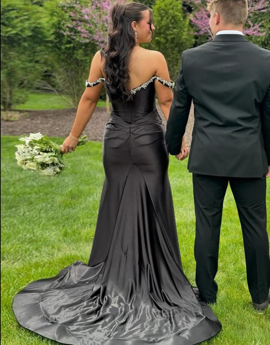 Sparkly Silver Mermaid Rhinestones Off the Shoulder Corset Long Prom Dress with Slit