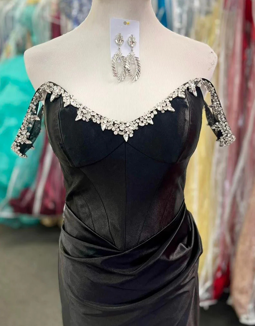 Sparkly Silver Mermaid Rhinestones Off the Shoulder Corset Long Prom Dress with Slit