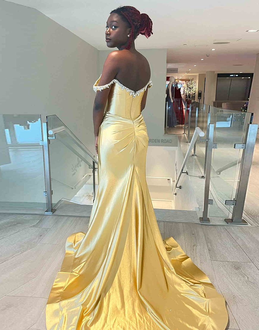 Sparkly Silver Mermaid Rhinestones Off the Shoulder Corset Long Prom Dress with Slit