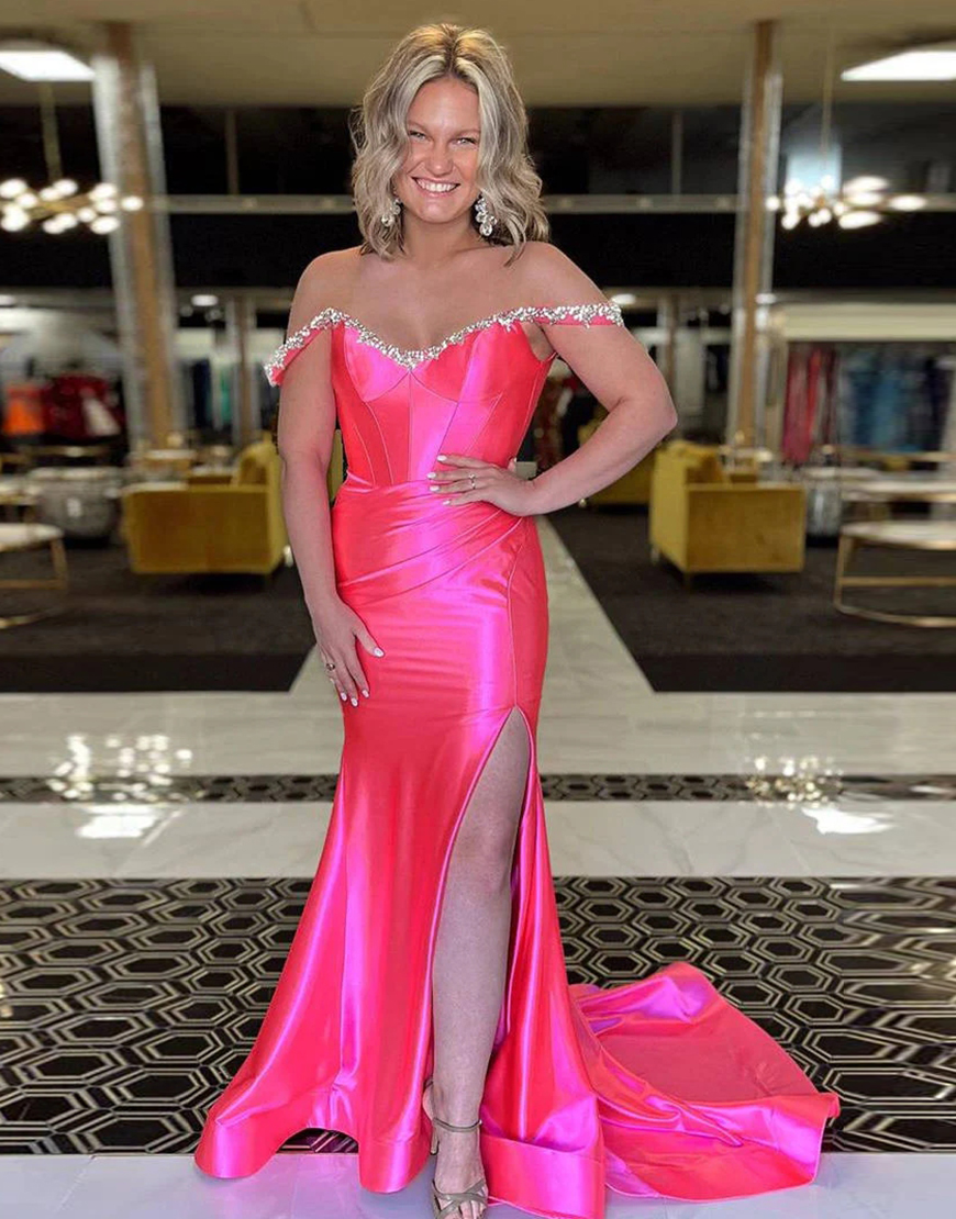 Sparkly Silver Mermaid Rhinestones Off the Shoulder Corset Long Prom Dress with Slit