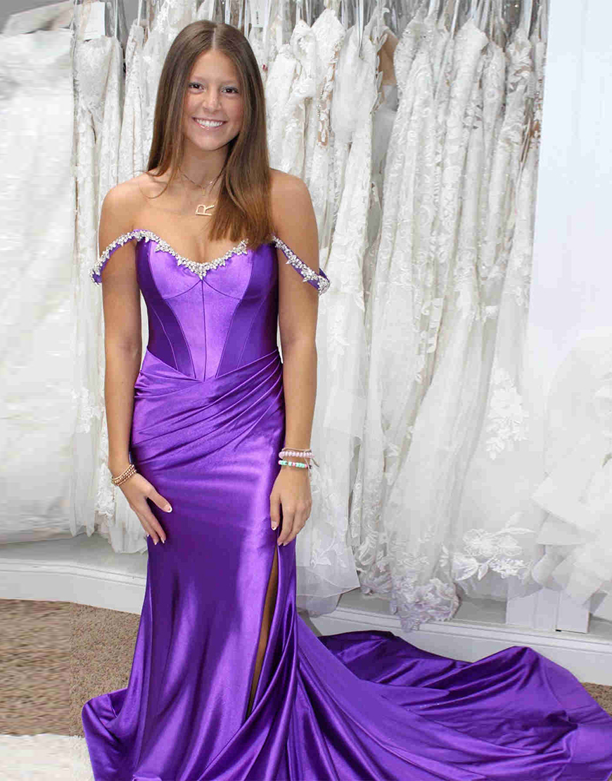 Sparkly Silver Mermaid Rhinestones Off the Shoulder Corset Long Prom Dress with Slit