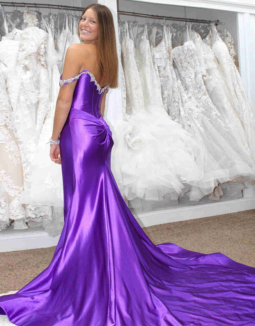 Sparkly Silver Mermaid Rhinestones Off the Shoulder Corset Long Prom Dress with Slit