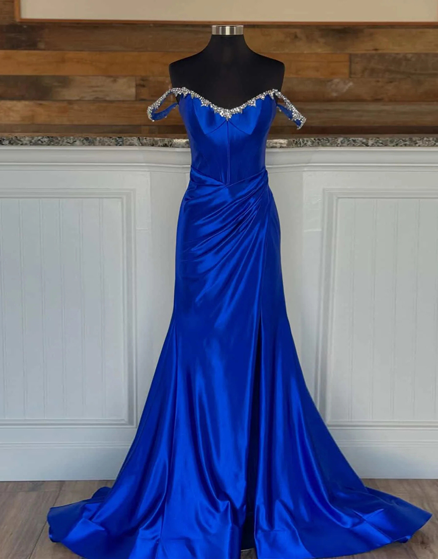 Sparkly Silver Mermaid Rhinestones Off the Shoulder Corset Long Prom Dress with Slit